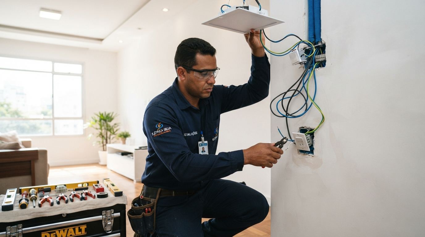 Eletricista trabalhando em instalação elétrica